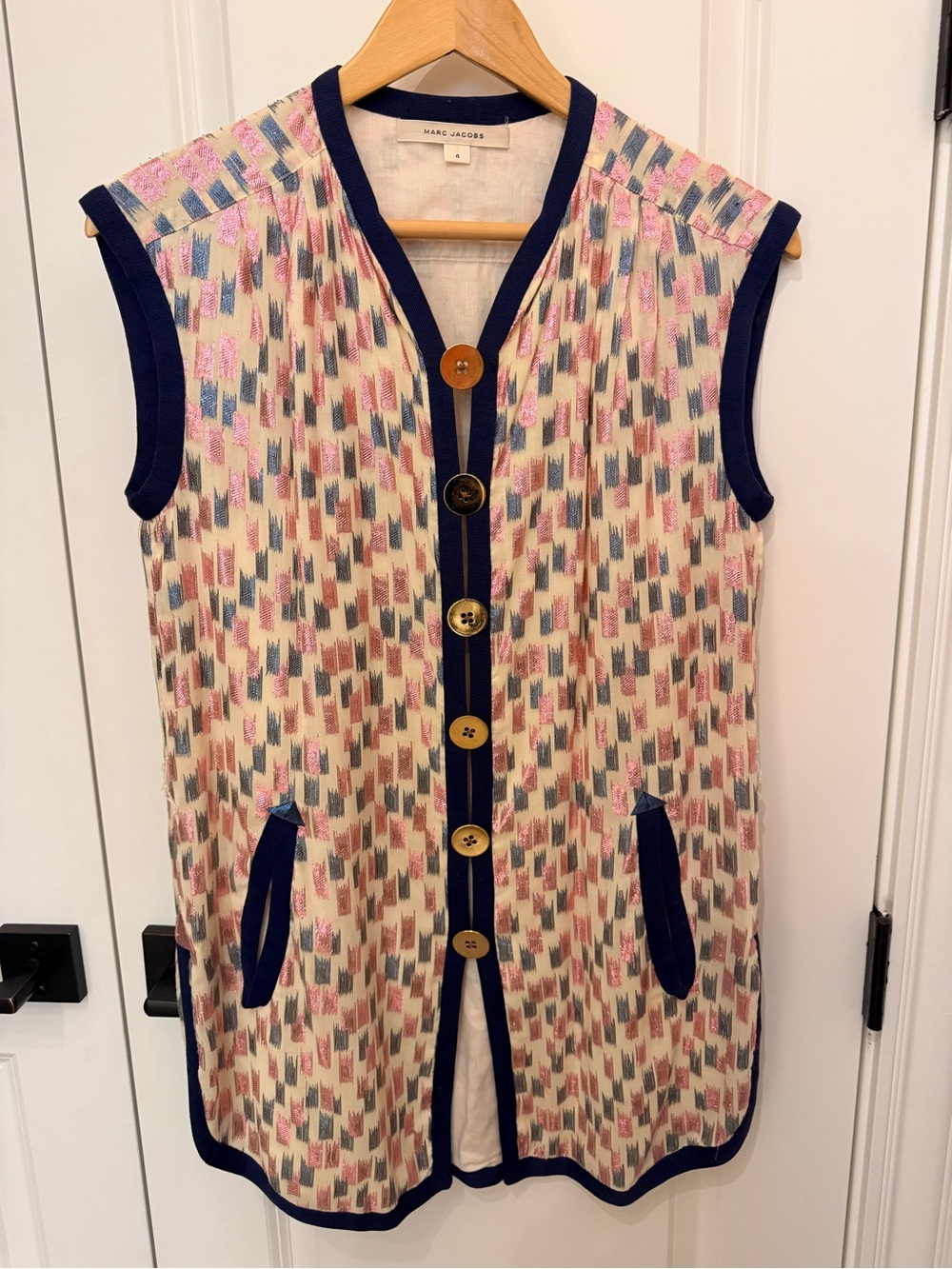 Marc Jacobs Cream Multicolor Geometric Sleeveless Vest with Navy Trim and a sash